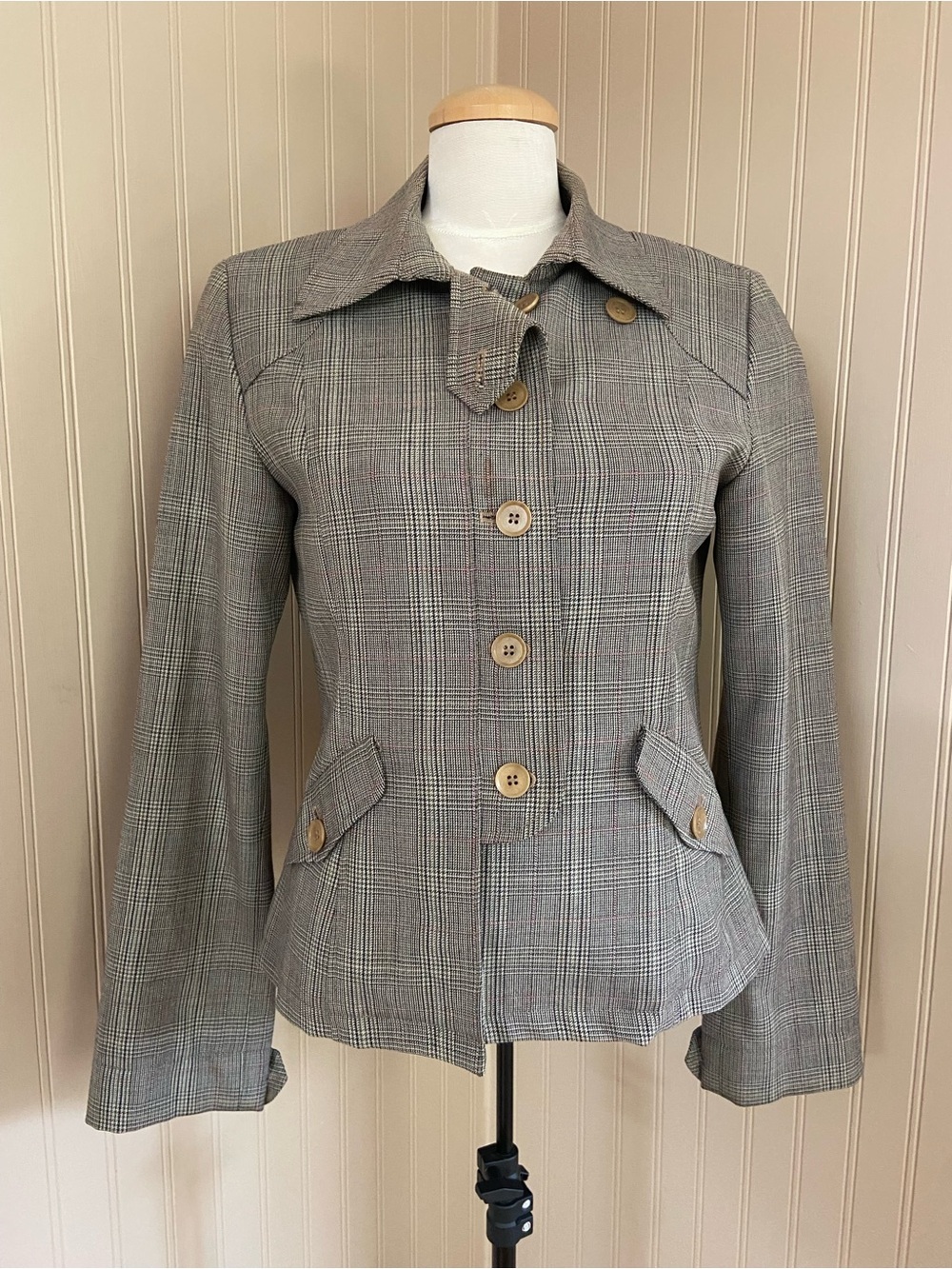 Vintage Newman Made in France Grey Plaid Wool Blend Blazer Jacket Women’s Size 6